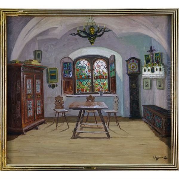 Austrian Interior With Stained Glass Window Oil Painting by Jakob Koganowsky