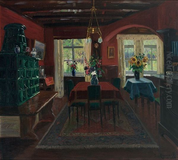 Interieur - Blick In Eine Gute Stube Mit Grunem Kachelofen Vor Roter Wand Oil Painting by Jakob Koganowsky