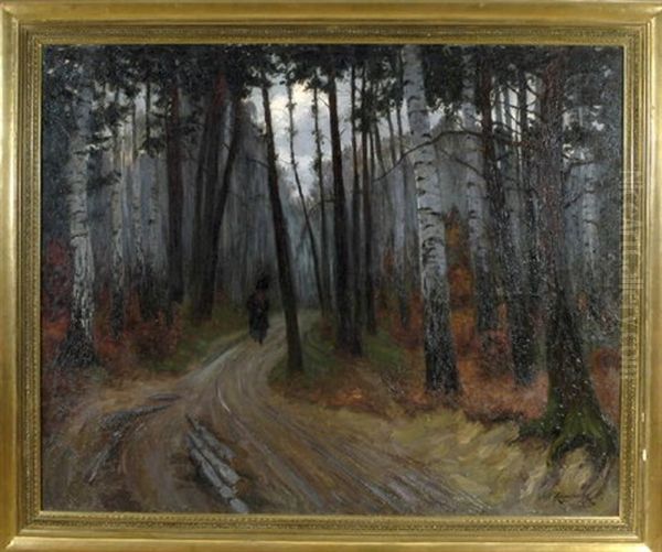 Holzsammlerin Auf Dem Heimweg Im Abendlichen Birkenwald Oil Painting by Jakob Koganowsky