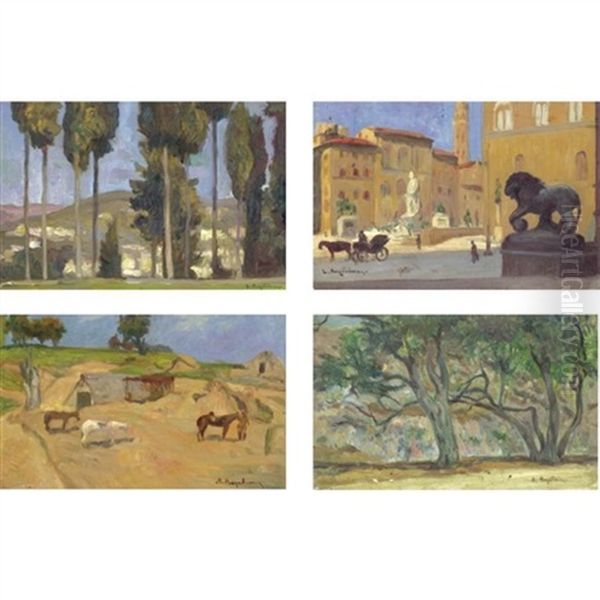 Cypress Trees, Italian Street Scene, Farm Scene, Trees (set Of 4) Oil Painting by Lykourgos Kogevinas