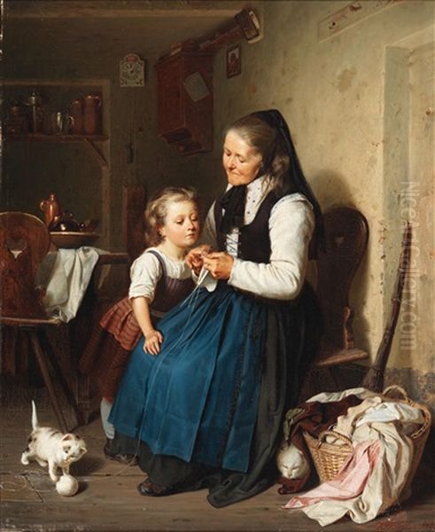 Grandmother Knitting Oil Painting by Karl Kogler