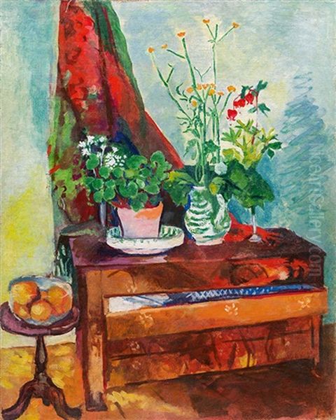 Interior With Sideboard An Flower Still Life Oil Painting by Robert Kohl