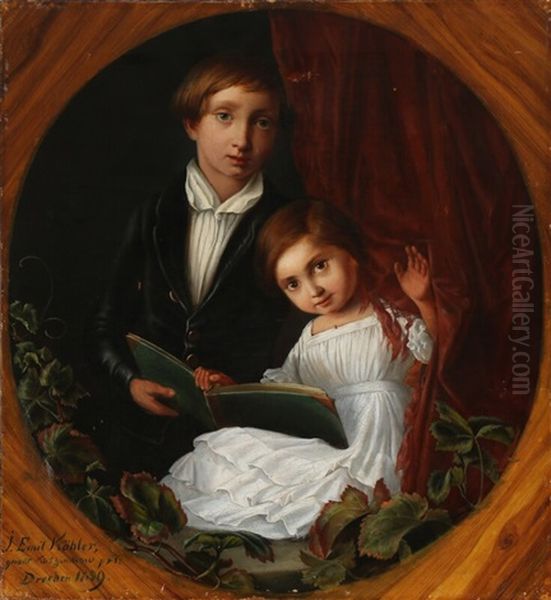 A Sibling Couple With A Book Oil Painting by Julius Emil Koehler (Koszinskow)