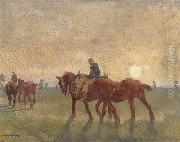 Zwei Landarbeiter Zu Pferd Auf Dem Heimweg Bei Sonnenuntergang Oil Painting by Hans Kohlschein