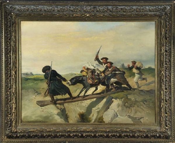 Drei Russische Soldaten Mit Storrischem, Mit Beute Beladenem Esel Auf Der Flucht (after Joseph Anton Strassgschwandtner) Oil Painting by David Kohn