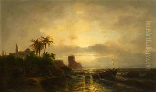 An Der Adria. Fischer Vor Einer Kuste, Links Eine Klosteranlage Im Abendlicht Oil Painting by Julius Koehnholz