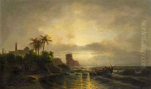 An Der Adria. Fischer Vor Einer Kuste, Links Eine Klosteranlage Im Abendlicht Oil Painting by Julius Koehnholz