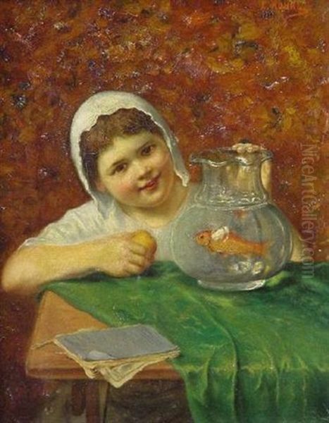 Madchen Mit Einem Goldfisch Im Glas Oil Painting by Ludwig Dominik Kohrl