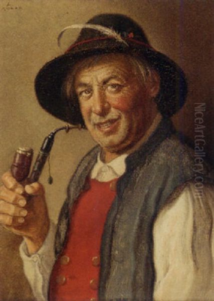 A Tyrolean Pipe Smoker Oil Painting by Ludwig Dominik Kohrl