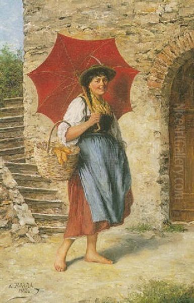 Young Girl With Red Parasol Oil Painting by Ludwig Dominik Kohrl