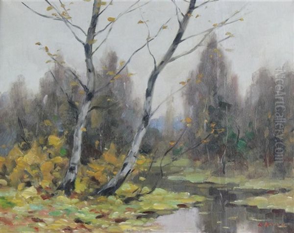 Fall Landscape With Birch Oil Painting by Rudolf Koivu