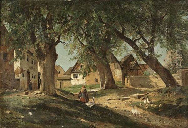 Dorf Mit Spielenden Kindern Und Entenschar Oil Painting by Gustav Koken