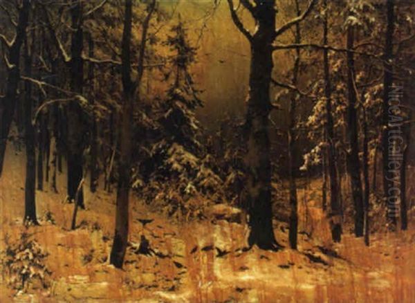 A Figure On A Path In A Forest Interior With Birds Feeding In The Foreground And A Town Beyond Oil Painting by Gustav Koken