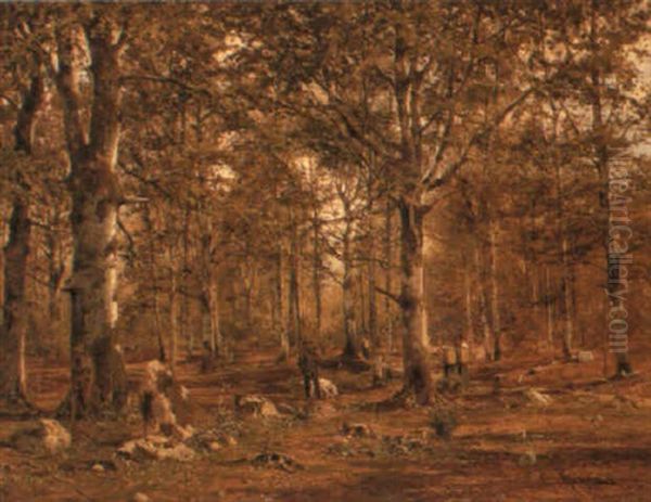 Huntsmen In A Birch Wood Oil Painting by Gustav Koken