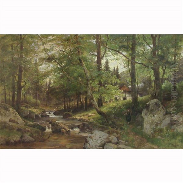 Cottage And Figure Beside A Woodland Stream Oil Painting by Paul Koken