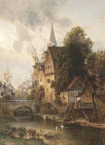 In Einem Norddeutschen Stadtchen. Blick Auf Die Hinterhauser Am Bach Oil Painting by Paul Koken