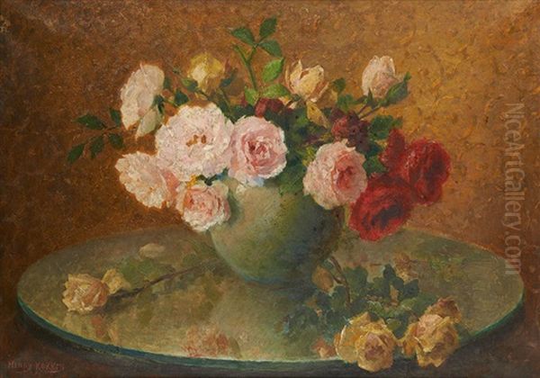 Vase Fleuri De Roses Oil Painting by Henri Kokken