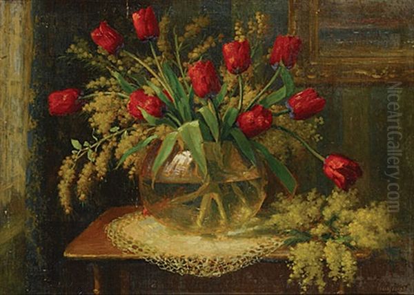 Stilleven Met Rode Tulpen Oil Painting by Henri Kokken