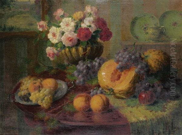 Nature Morte Aux Fleurs, Raisins Et Melon Oil Painting by Henri Kokken