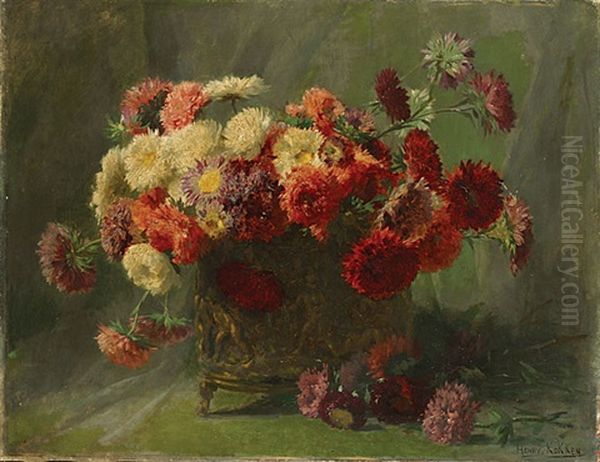 Stilleven Met Asters In Koperen Pot Oil Painting by Henri Kokken