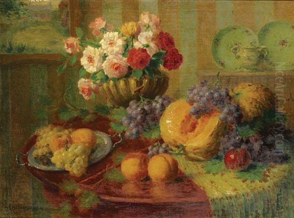 Stilleven Met Fruit En Bloemen Oil Painting by Henri Kokken