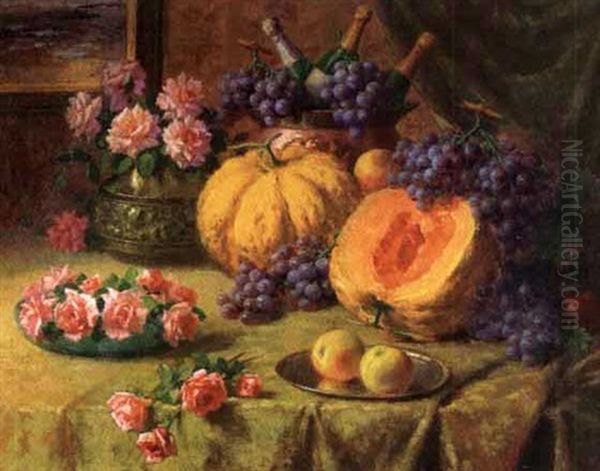 Melons, Raisins, Pommes, Et Roses Sur Une Table Oil Painting by Henri Kokken