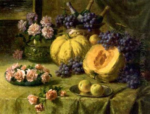 Melon, Raisins, Pommes Et Roses Sur Une Table Oil Painting by Henri Kokken