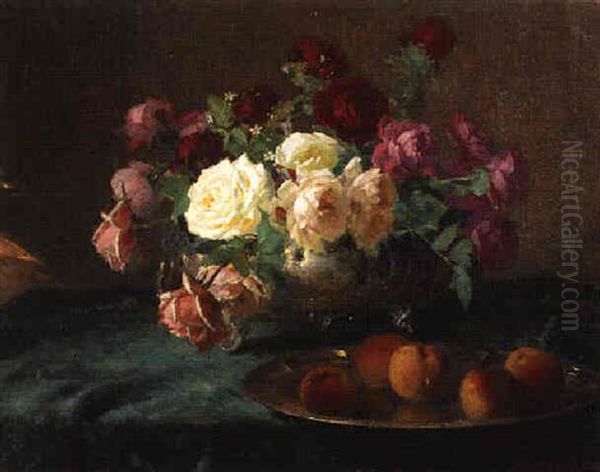 Still Life With Roses And Peaches Oil Painting by Henri Kokken