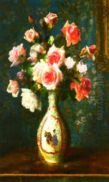 Pink Roses In A Japanese Vase On A Table Oil Painting by Henri Kokken