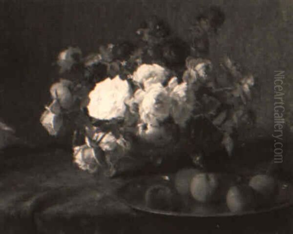 Still Life With Roses And Peaches Oil Painting by Henri Kokken