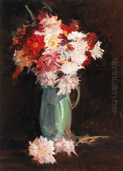 Autumn Flowers In A Green Vase Oil Painting by Demeter Koko