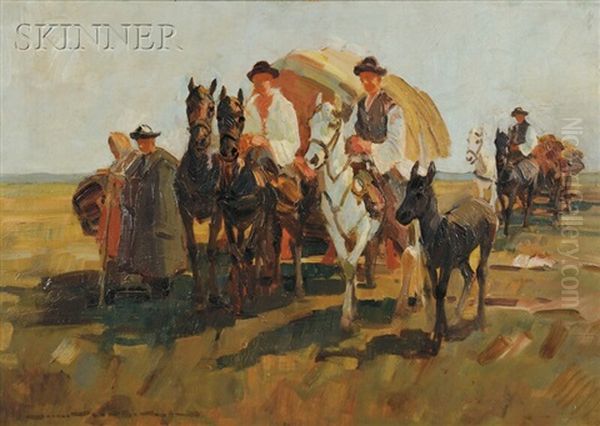 Horse-drawn Wagons And Figures Oil Painting by Demeter Koko