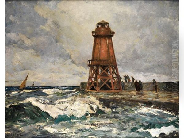 Leuchtturm Vor Sturmischer See Oil Painting by Ernst Kolbe