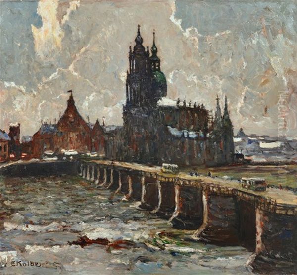 Dresden - Blick Auf Augustusbrucke Und Hofkirche Oil Painting by Ernst Kolbe