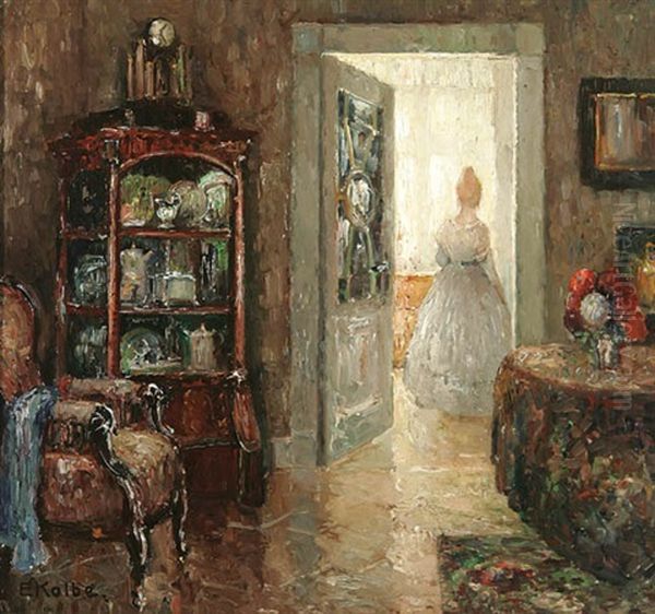 Interior Scene With Woman In Sunlit Room Oil Painting by Ernst Kolbe