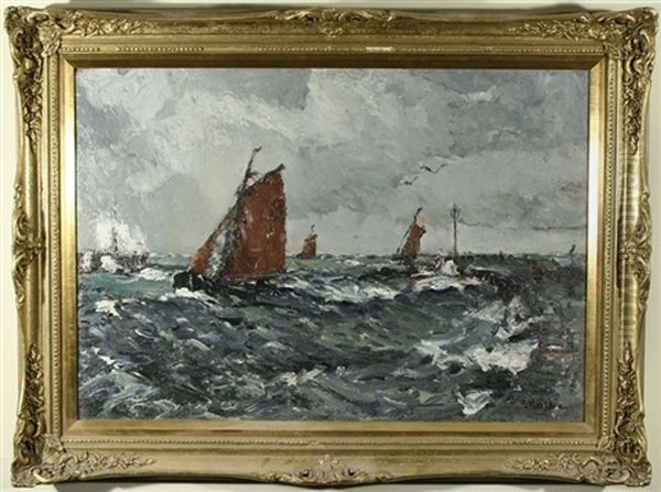 Sailboats In A Choppy Sea Oil Painting by Ernst Kolbe