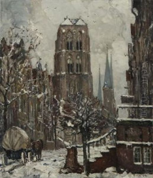 Danzig - Winterliche Stadtansicht Mit Blick Auf Die Marienkirche Oil Painting by Ernst Kolbe