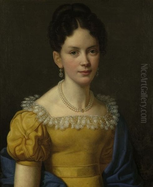 Bildnis Einer Jungen Dame Im Gelben Kleid Mit Spitzenbesatz Und Perlencollier Oil Painting by Heinrich Christoph Kolbe