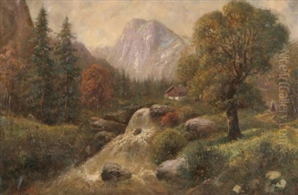 Countryside Landscape With Cottage And Stream Oil Painting by Heinrich Christoph Kolbe