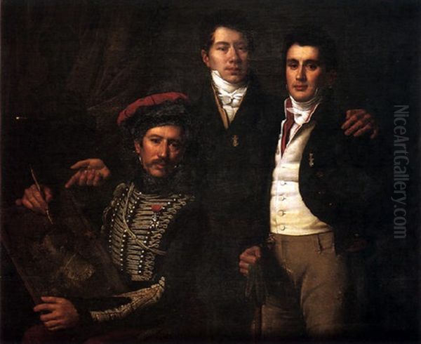 Portrait De Trois Jeunes Hommes Oil Painting by Heinrich Christoph Kolbe