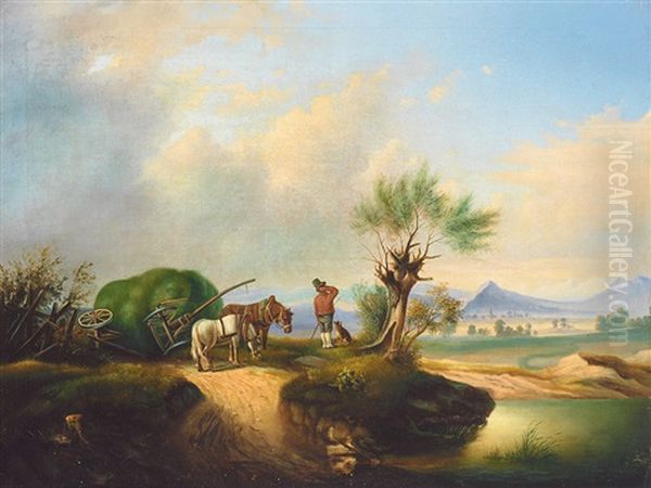 Hugelige Sommerlandschaft, Im Vordergrund Umgesturzter Heuwagen Mit Pferden Und Dem Ratlosen Bauern Oil Painting by Anton Kolberg