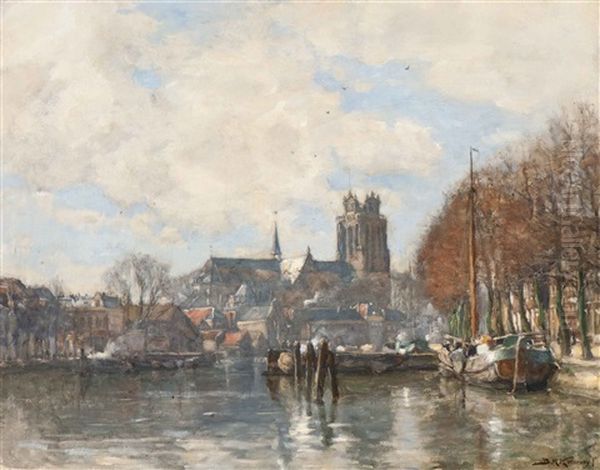 View Of The Grote Kerk Church In Dordrecht, Seen From The Nieuwe Haven Oil Painting by Bernard Marie Koldewey