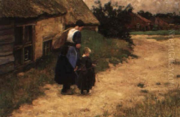 Op Weg Naar Huis- A Peasant Woman With Her Daughter On A Path Oil Painting by Bernard Marie Koldewey