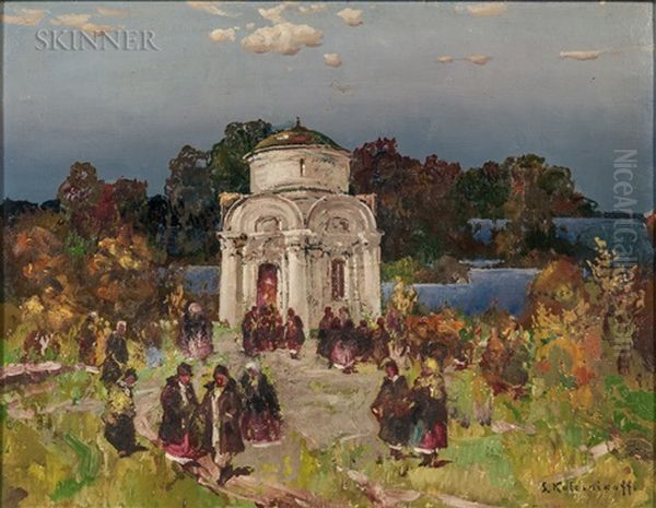 Figures Outside A Church Oil Painting by Sergei Kolesnikoff