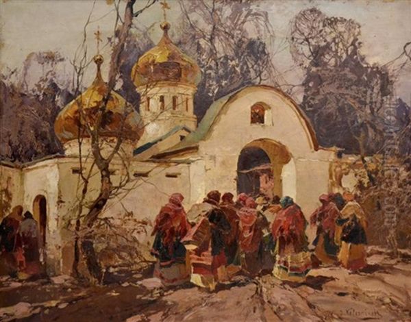 Femmes Russes A La Porte De L'eglise by Sergei Kolesnikoff