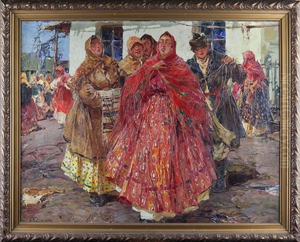 Jeunes Paysannes Russes En Tenue Traditionnelle Oil Painting by Sergei Kolesnikoff