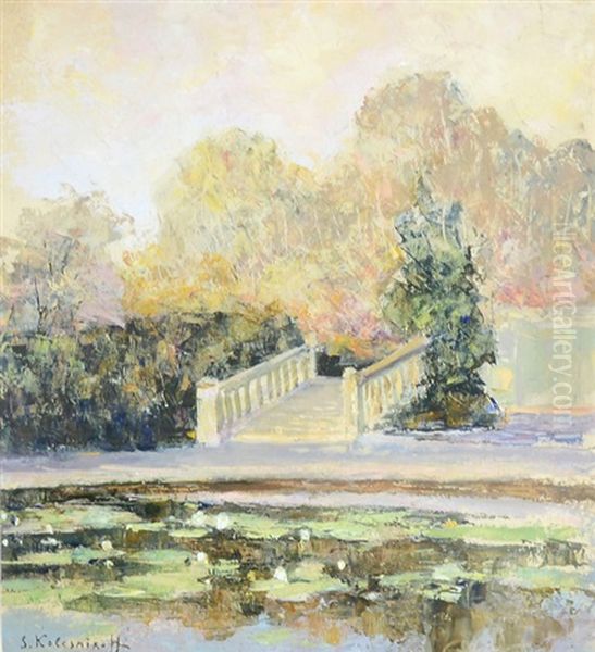 Park Bridge With Lily Pond Oil Painting by Sergei Kolesnikoff