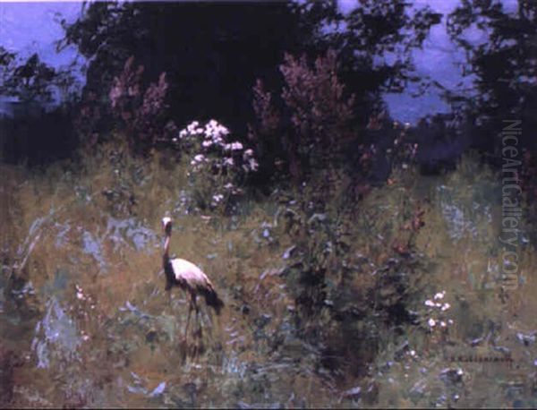 Stork In A Flowery Meadow Oil Painting by Sergei Kolesnikoff