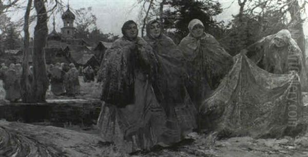 Gathering Of Village Women Oil Painting by Sergei Kolesnikoff