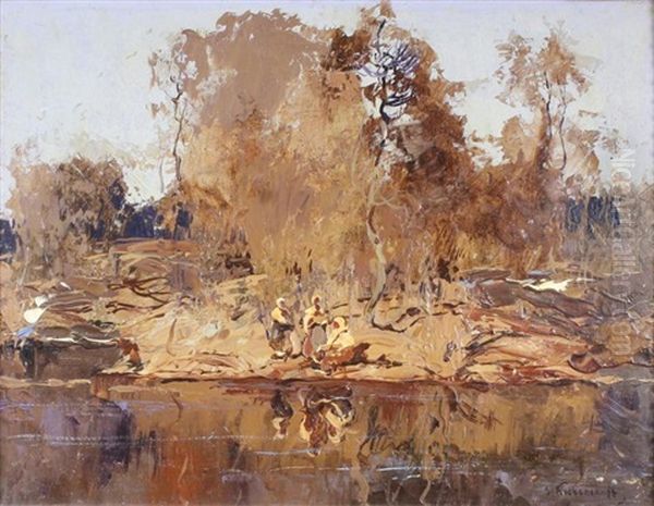 Les Lavandieres En Bord De Riviere Oil Painting by Ivan Feodorovich Kolesnikov